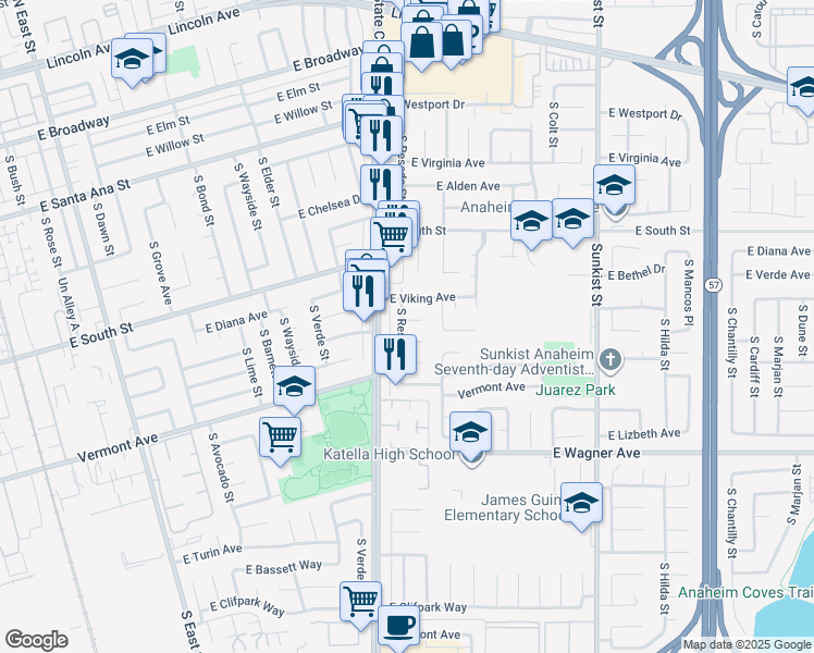 map of restaurants, bars, coffee shops, grocery stores, and more near 2102 East Napa Place in Anaheim