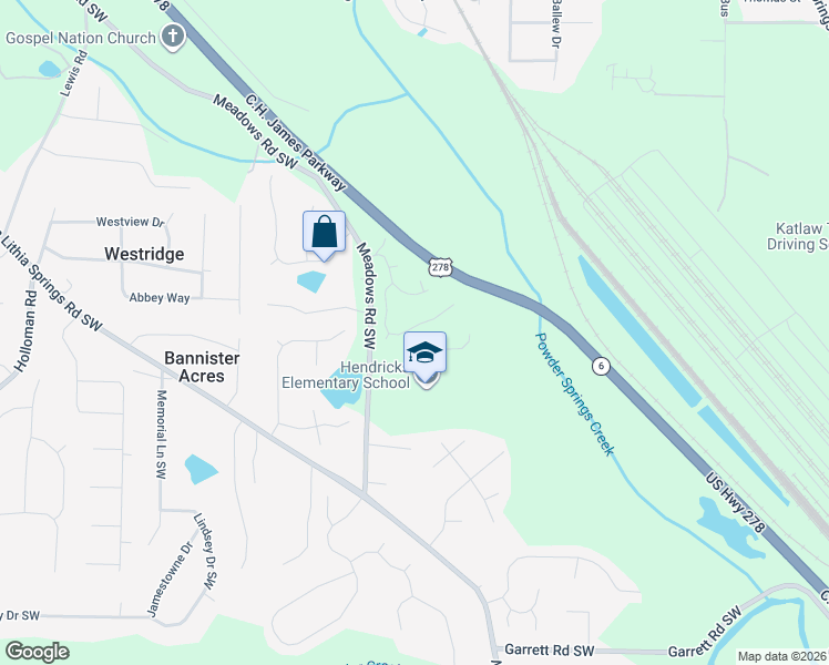 map of restaurants, bars, coffee shops, grocery stores, and more near 9105 Waterford Lane in Powder Springs