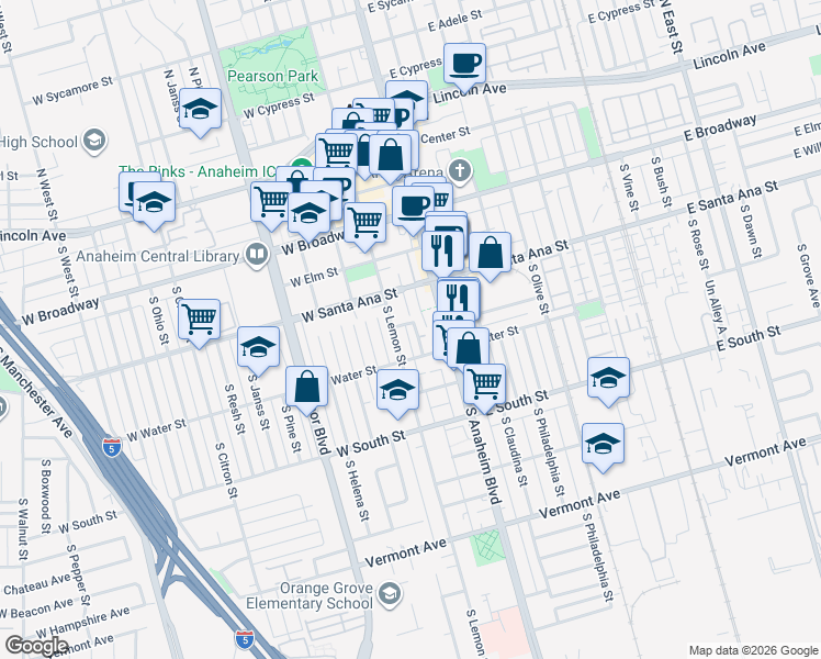 map of restaurants, bars, coffee shops, grocery stores, and more near 537 South Zeyn Street in Anaheim