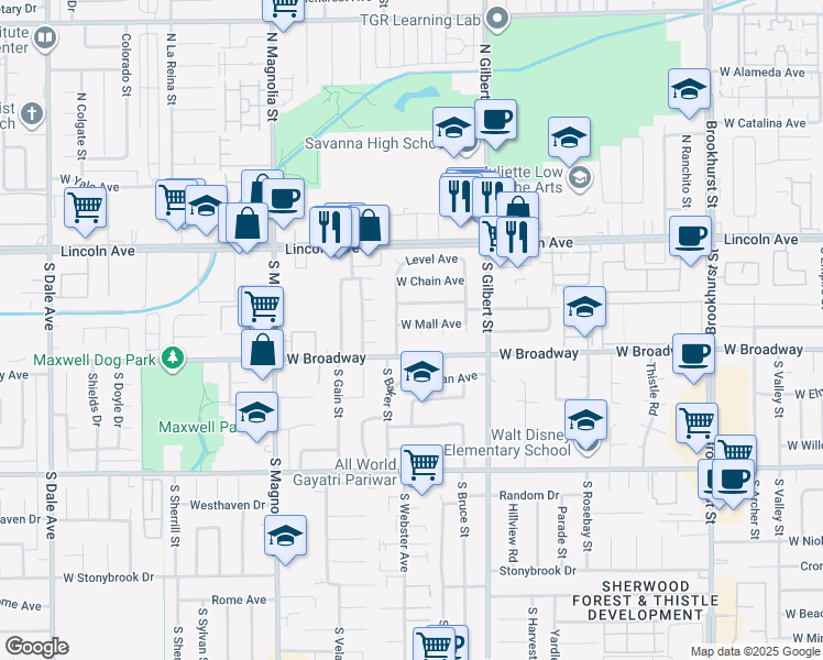 map of restaurants, bars, coffee shops, grocery stores, and more near 221 Mall Way in Anaheim