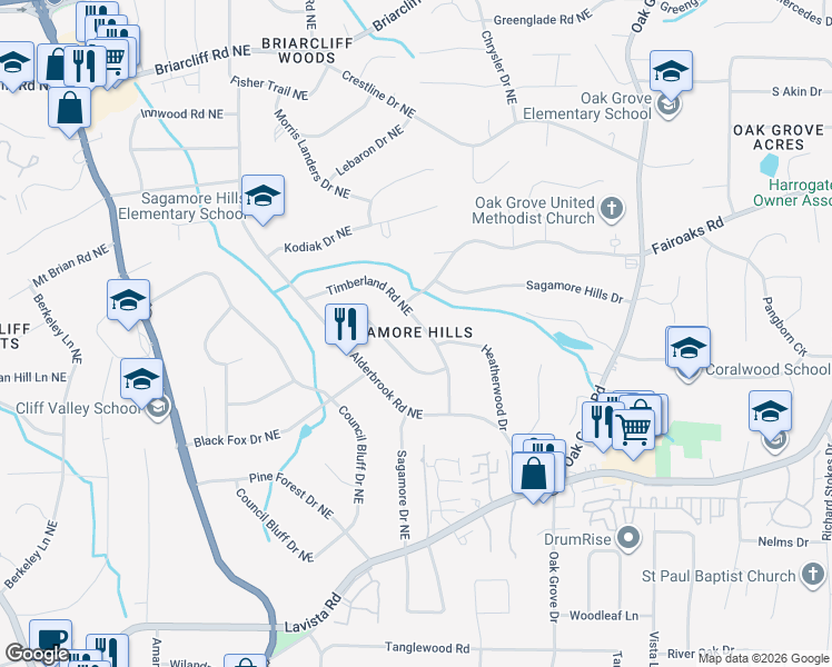 map of restaurants, bars, coffee shops, grocery stores, and more near 1658 Timberland Road Northeast in Atlanta