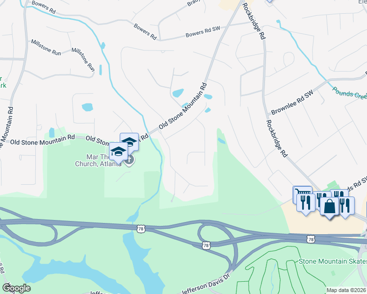 map of restaurants, bars, coffee shops, grocery stores, and more near 6174 Traveler Court in Stone Mountain