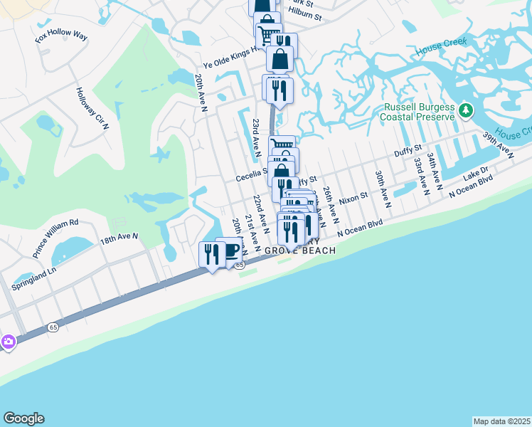 map of restaurants, bars, coffee shops, grocery stores, and more near 306 22nd Avenue North in North Myrtle Beach