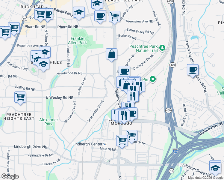 map of restaurants, bars, coffee shops, grocery stores, and more near 553 East Wesley Road Northeast in Atlanta