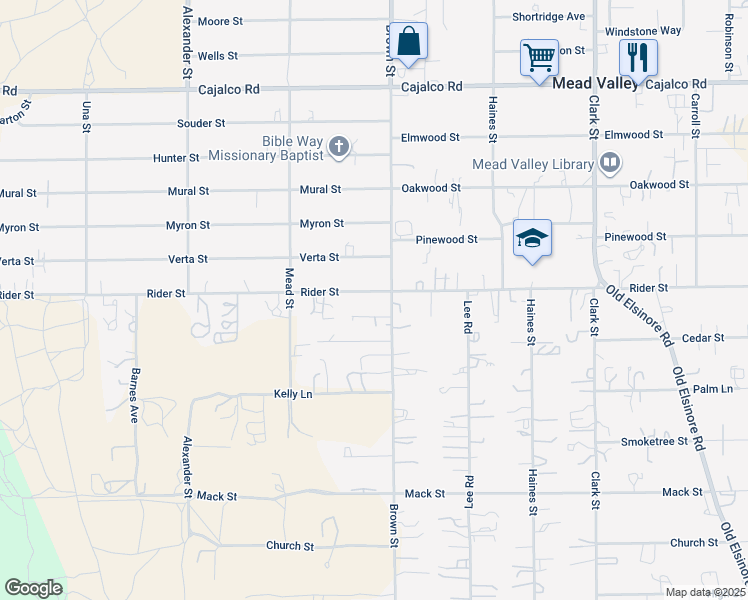 map of restaurants, bars, coffee shops, grocery stores, and more near 20909 Rider Street in Perris