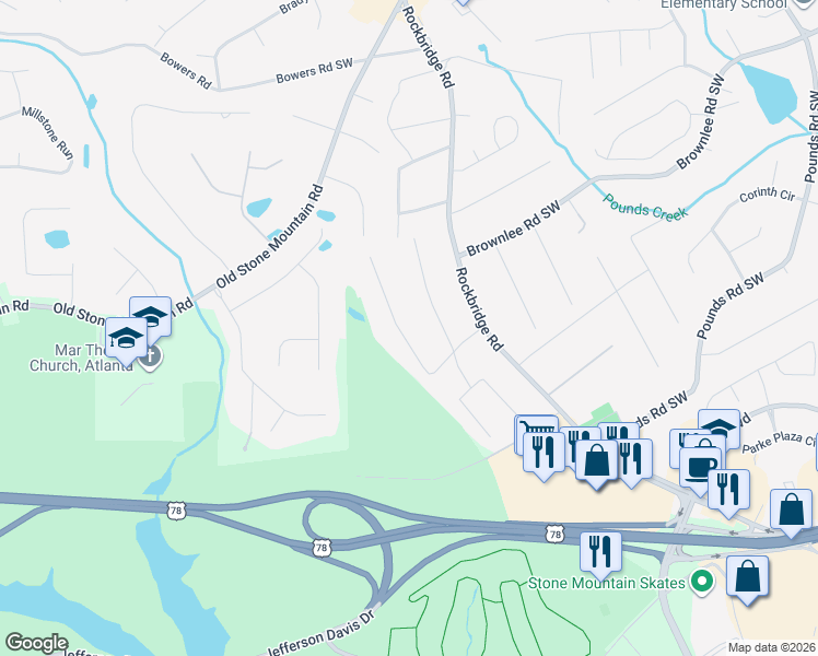 map of restaurants, bars, coffee shops, grocery stores, and more near 1586 Lucelle Avenue Southwest in Stone Mountain