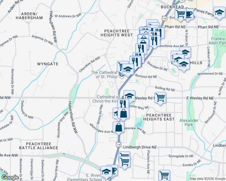 map of restaurants, bars, coffee shops, grocery stores, and more near 2734 Peachtree Road in Atlanta