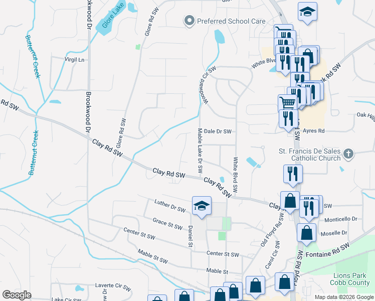 map of restaurants, bars, coffee shops, grocery stores, and more near 5125 Madison Green Drive Southwest in Mableton