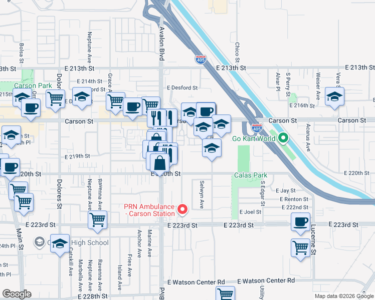 map of restaurants, bars, coffee shops, grocery stores, and more near 801 East Calbas Street in Carson