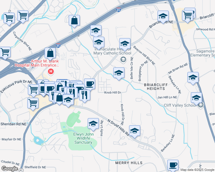 map of restaurants, bars, coffee shops, grocery stores, and more near 2629 Portbury Place Northeast in Atlanta