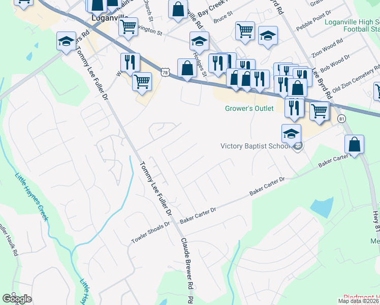 map of restaurants, bars, coffee shops, grocery stores, and more near 1410 Saint Charles Place in Loganville