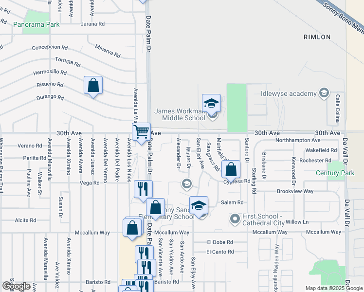 map of restaurants, bars, coffee shops, grocery stores, and more near 30122 Alexander Drive in Cathedral City