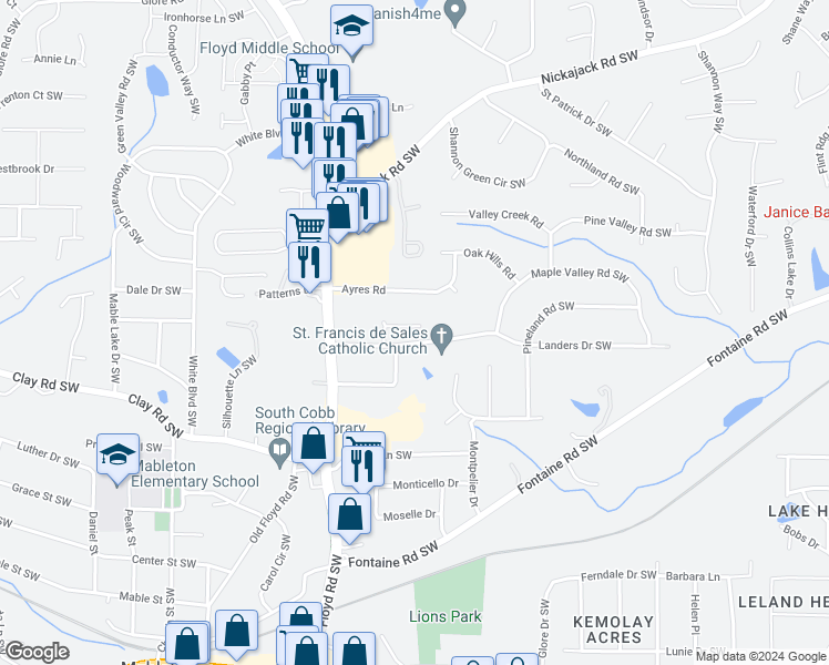 map of restaurants, bars, coffee shops, grocery stores, and more near 609 Jenmarie Drive in Mableton