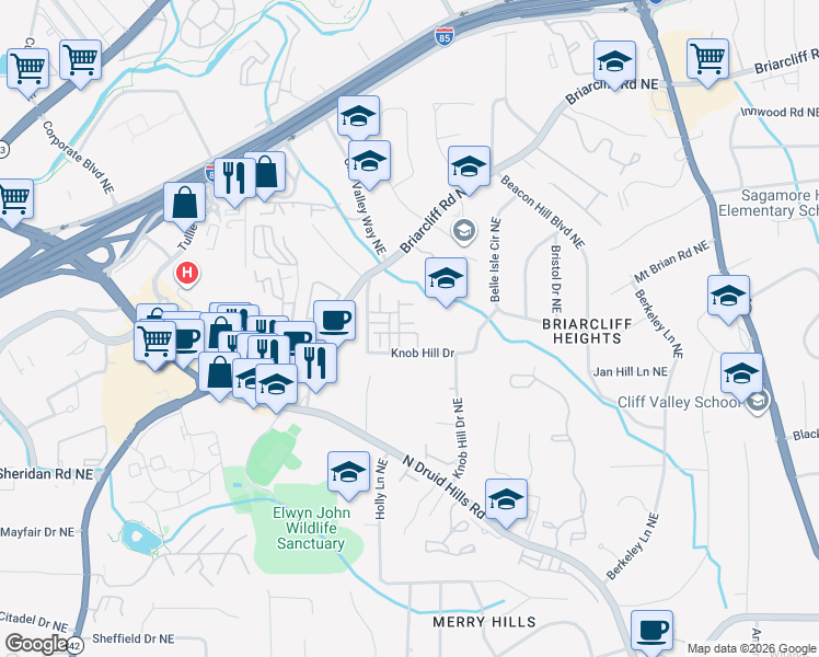 map of restaurants, bars, coffee shops, grocery stores, and more near 2639 Portbury Place Northeast in Atlanta