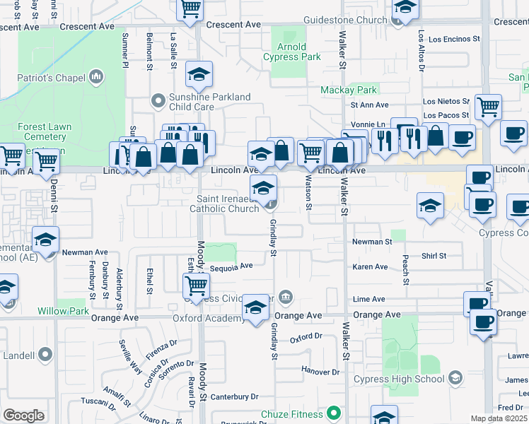 map of restaurants, bars, coffee shops, grocery stores, and more near 9201 Grindlay Street in Cypress