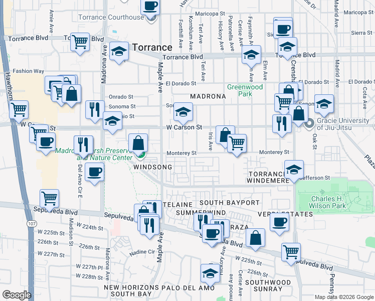 map of restaurants, bars, coffee shops, grocery stores, and more near 1754 Flower Avenue in Torrance