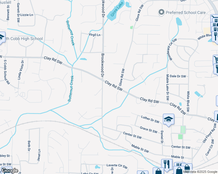 map of restaurants, bars, coffee shops, grocery stores, and more near 1305 Clay Road Southwest in Mableton