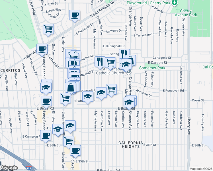 map of restaurants, bars, coffee shops, grocery stores, and more near 3909 Lewis Avenue in Long Beach