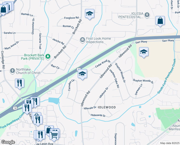 map of restaurants, bars, coffee shops, grocery stores, and more near 4065 Cedar Knoll Drive in Tucker