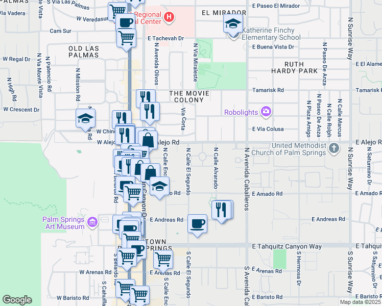 map of restaurants, bars, coffee shops, grocery stores, and more near 610 Violeta Drive in Palm Springs