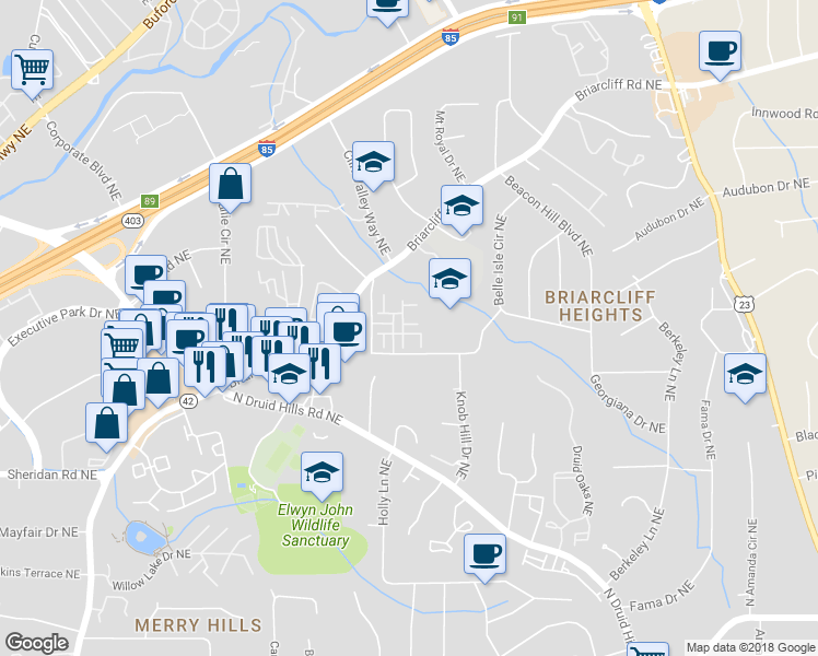 map of restaurants, bars, coffee shops, grocery stores, and more near 2633 Portbury Place Northeast in Atlanta