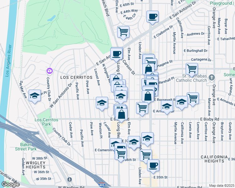 map of restaurants, bars, coffee shops, grocery stores, and more near 3913 Long Beach Boulevard in Long Beach