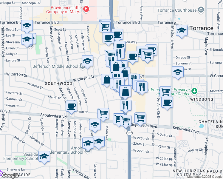 map of restaurants, bars, coffee shops, grocery stores, and more near 21825 Hawthorne Boulevard in Torrance
