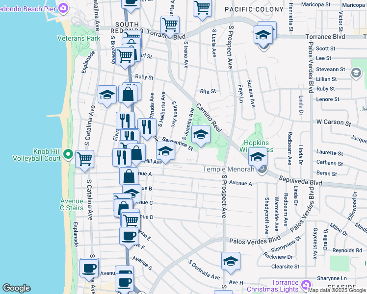 map of restaurants, bars, coffee shops, grocery stores, and more near 800 South Juanita Avenue in Redondo Beach
