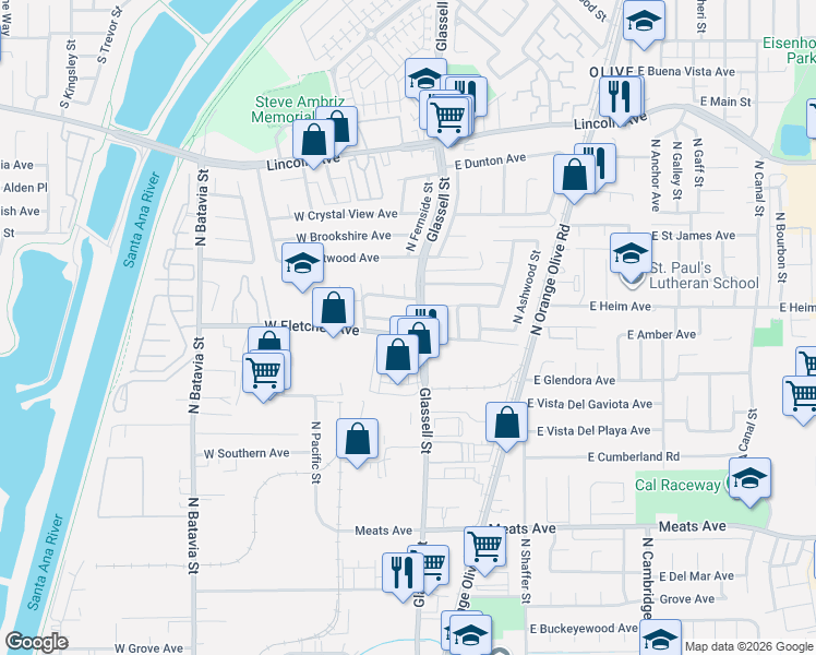 map of restaurants, bars, coffee shops, grocery stores, and more near 120 West Greenway Avenue in Orange