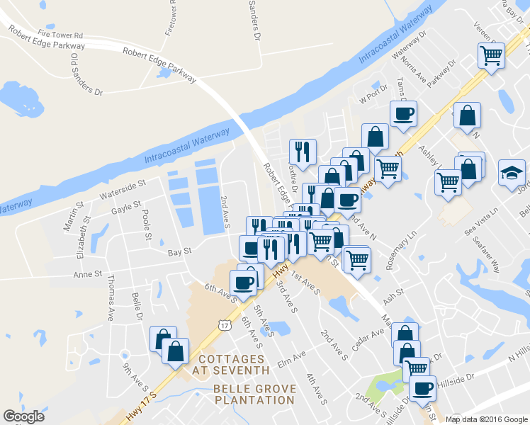 map of restaurants, bars, coffee shops, grocery stores, and more near 1012 1st Avenue South in North Myrtle Beach