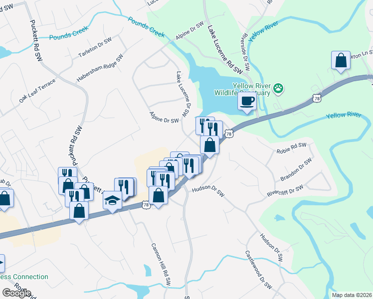 map of restaurants, bars, coffee shops, grocery stores, and more near 4790 Matterhorn Drive Southwest in Lilburn
