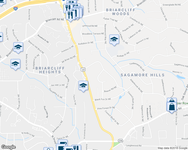 map of restaurants, bars, coffee shops, grocery stores, and more near 1632 Princess Circle Northeast in Atlanta