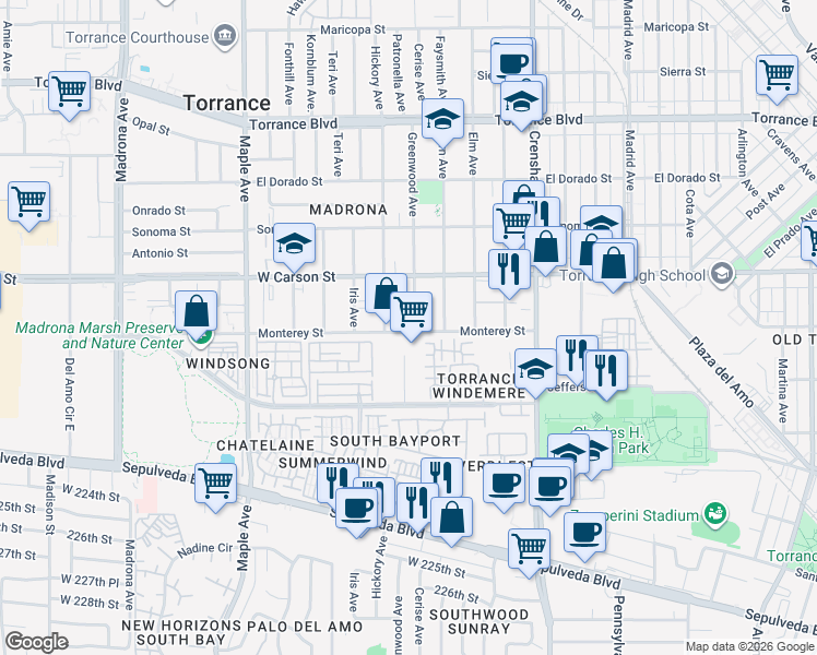 map of restaurants, bars, coffee shops, grocery stores, and more near 1755 Greenwood Avenue in Torrance