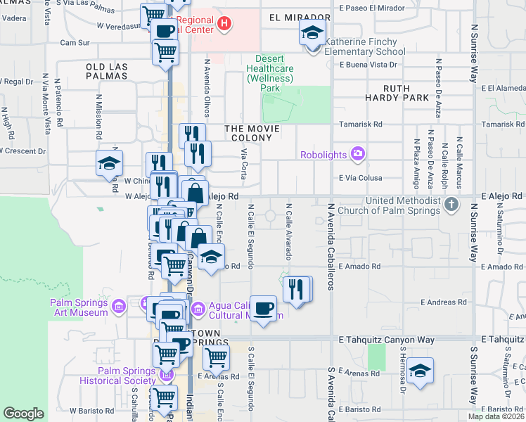 map of restaurants, bars, coffee shops, grocery stores, and more near 620 Violeta Drive in Palm Springs
