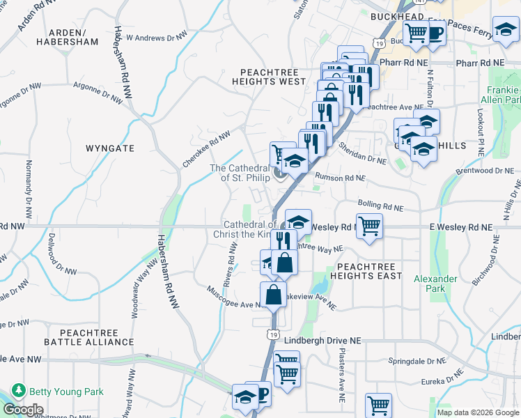 map of restaurants, bars, coffee shops, grocery stores, and more near 2734 Peachtree Road in Atlanta