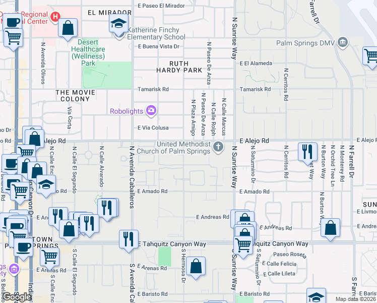 map of restaurants, bars, coffee shops, grocery stores, and more near 454 North Hermosa Drive in Palm Springs