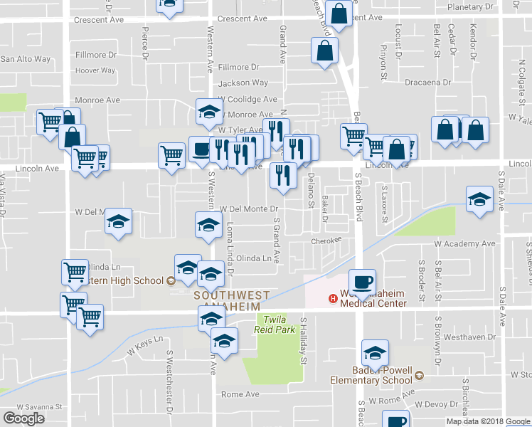 map of restaurants, bars, coffee shops, grocery stores, and more near 3110 West Del Monte Drive in Anaheim