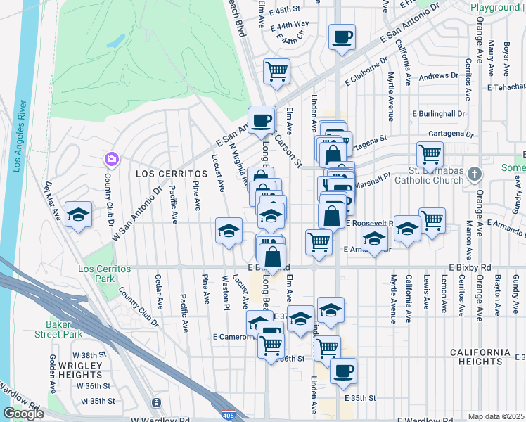 map of restaurants, bars, coffee shops, grocery stores, and more near 3913 Long Beach Boulevard in Long Beach