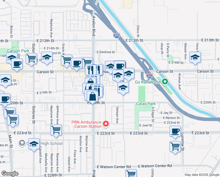 map of restaurants, bars, coffee shops, grocery stores, and more near 801 East Calbas Street in Carson