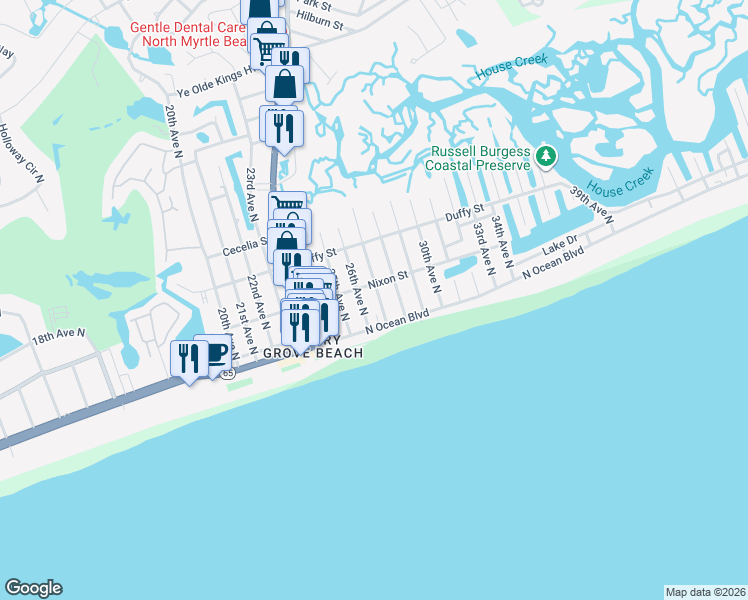 map of restaurants, bars, coffee shops, grocery stores, and more near 213 27th Avenue North in North Myrtle Beach