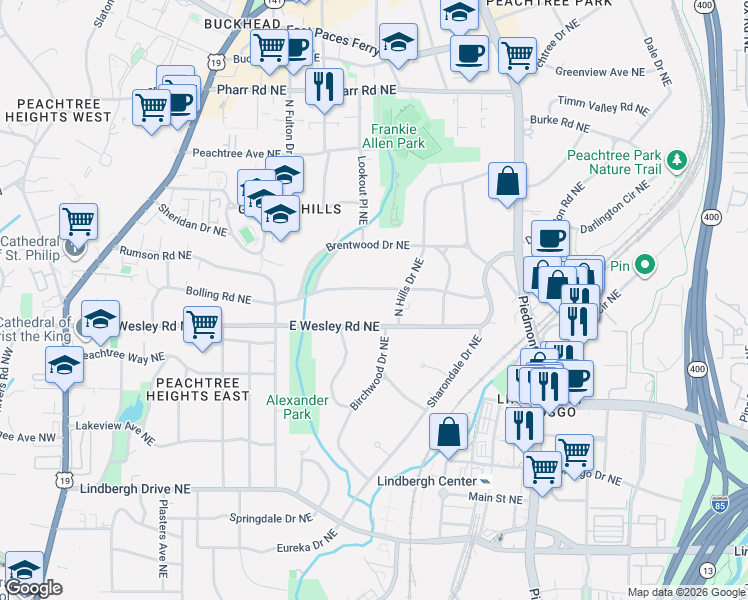 map of restaurants, bars, coffee shops, grocery stores, and more near 2734 North Hills Drive Northeast in Atlanta