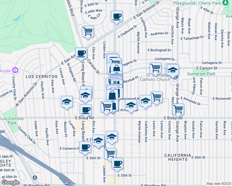 map of restaurants, bars, coffee shops, grocery stores, and more near 3922 Atlantic Avenue in Long Beach