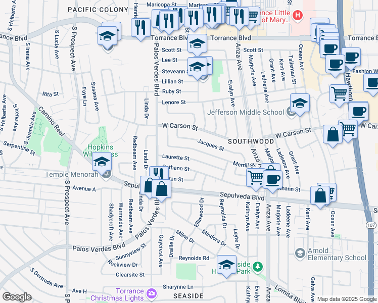 map of restaurants, bars, coffee shops, grocery stores, and more near 5020 Merrill Street in Torrance