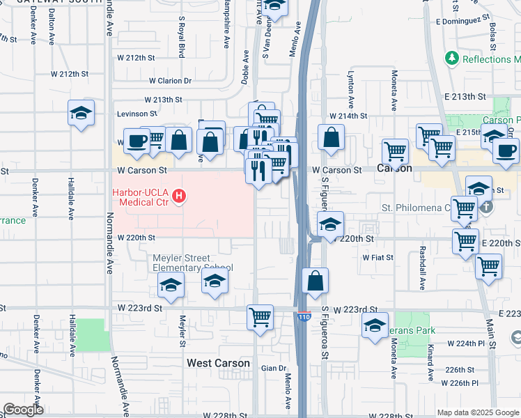 map of restaurants, bars, coffee shops, grocery stores, and more near 21846 South Vermont Avenue in Torrance