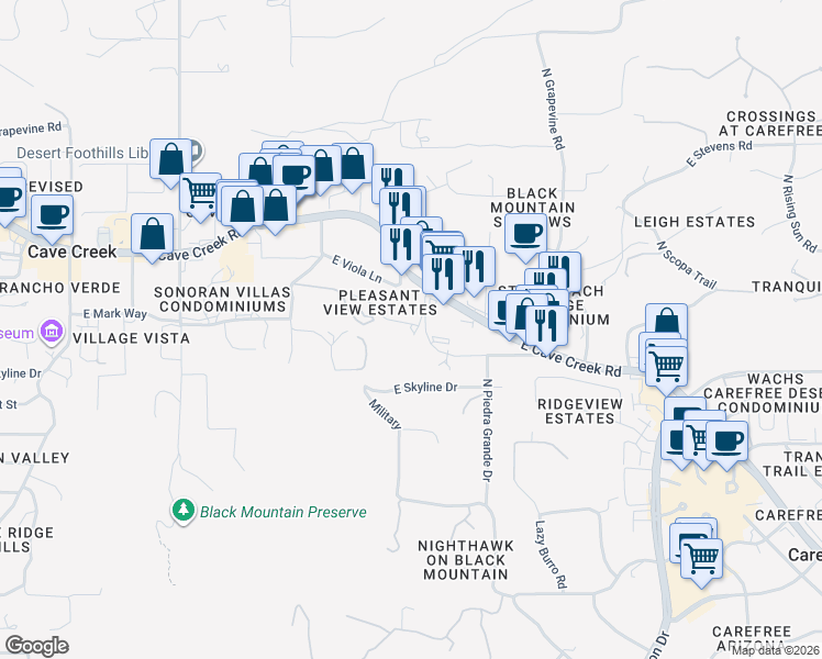 map of restaurants, bars, coffee shops, grocery stores, and more near 6855 East Cave Creek Road in Cave Creek