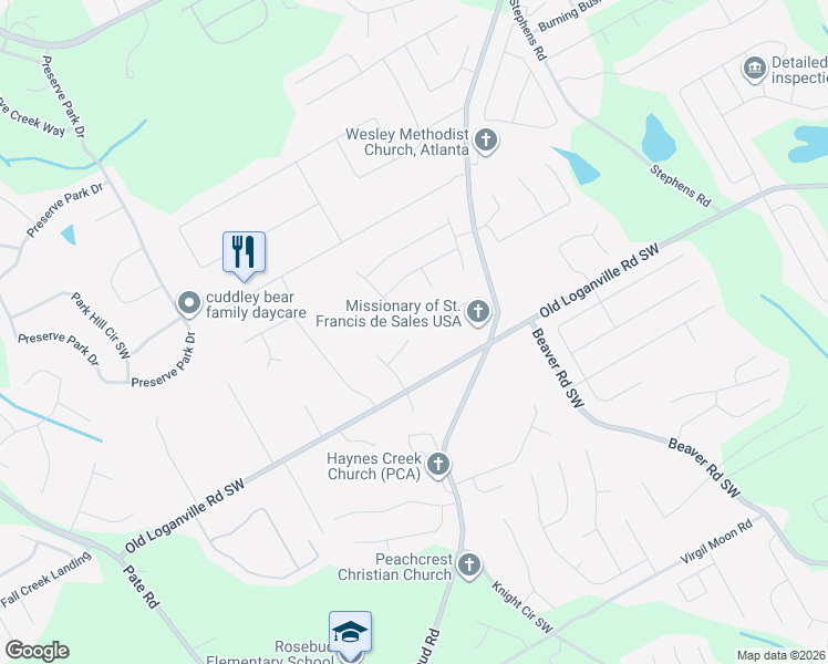 map of restaurants, bars, coffee shops, grocery stores, and more near 1652 Walters Park Court in Loganville