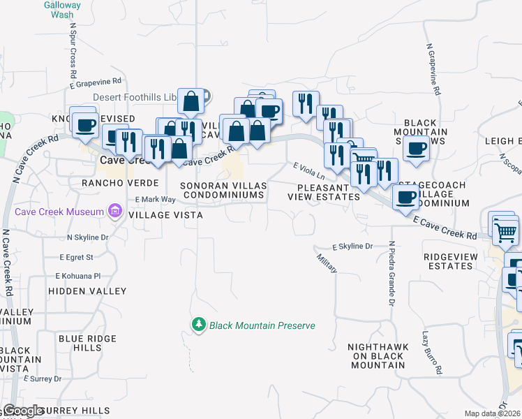 map of restaurants, bars, coffee shops, grocery stores, and more near 6575 East Military Road in Cave Creek