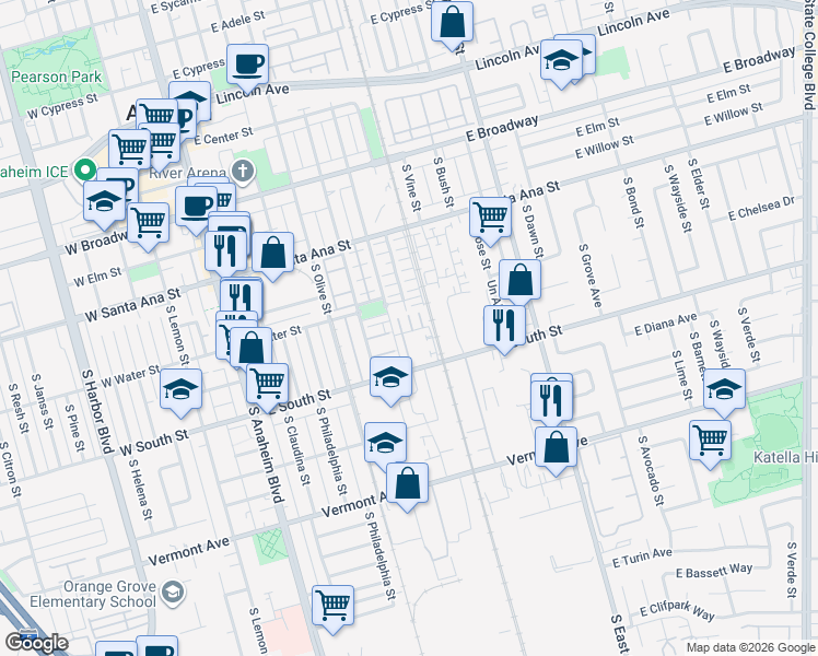 map of restaurants, bars, coffee shops, grocery stores, and more near 691 East Valencia Street in Anaheim