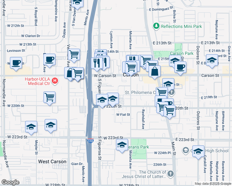 map of restaurants, bars, coffee shops, grocery stores, and more near 21833 Caroldale Avenue in Carson