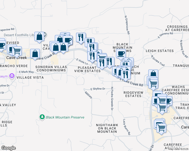 map of restaurants, bars, coffee shops, grocery stores, and more near 6855 East Cave Creek Road in Cave Creek